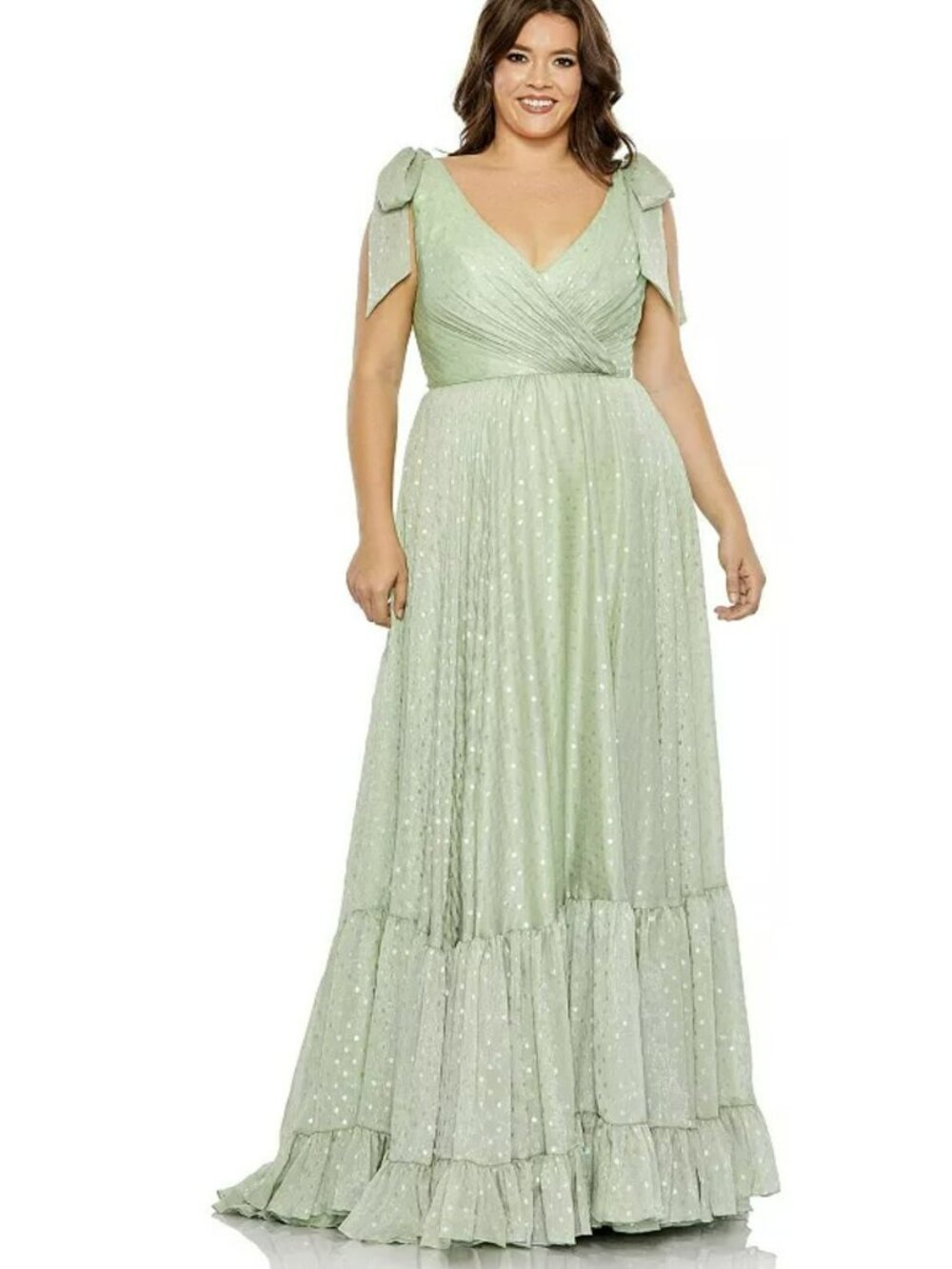 Mac Duggal Sage Green Bow Shoulder Formal Gown Maxi Dress Sz 12 NWT